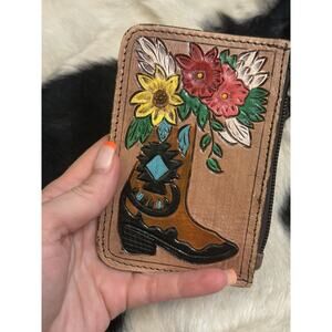 Southwestern Hand Tooled Painted Hide Leather Coin Purse Pill Wallet Cowboy Boot